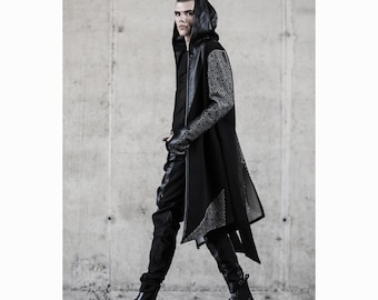 Sludge Cardigan (avantgarde clothing-men long jacket-men's street wear-men cardigan-cyberpunk-futuristic clothing-men's black fashion)