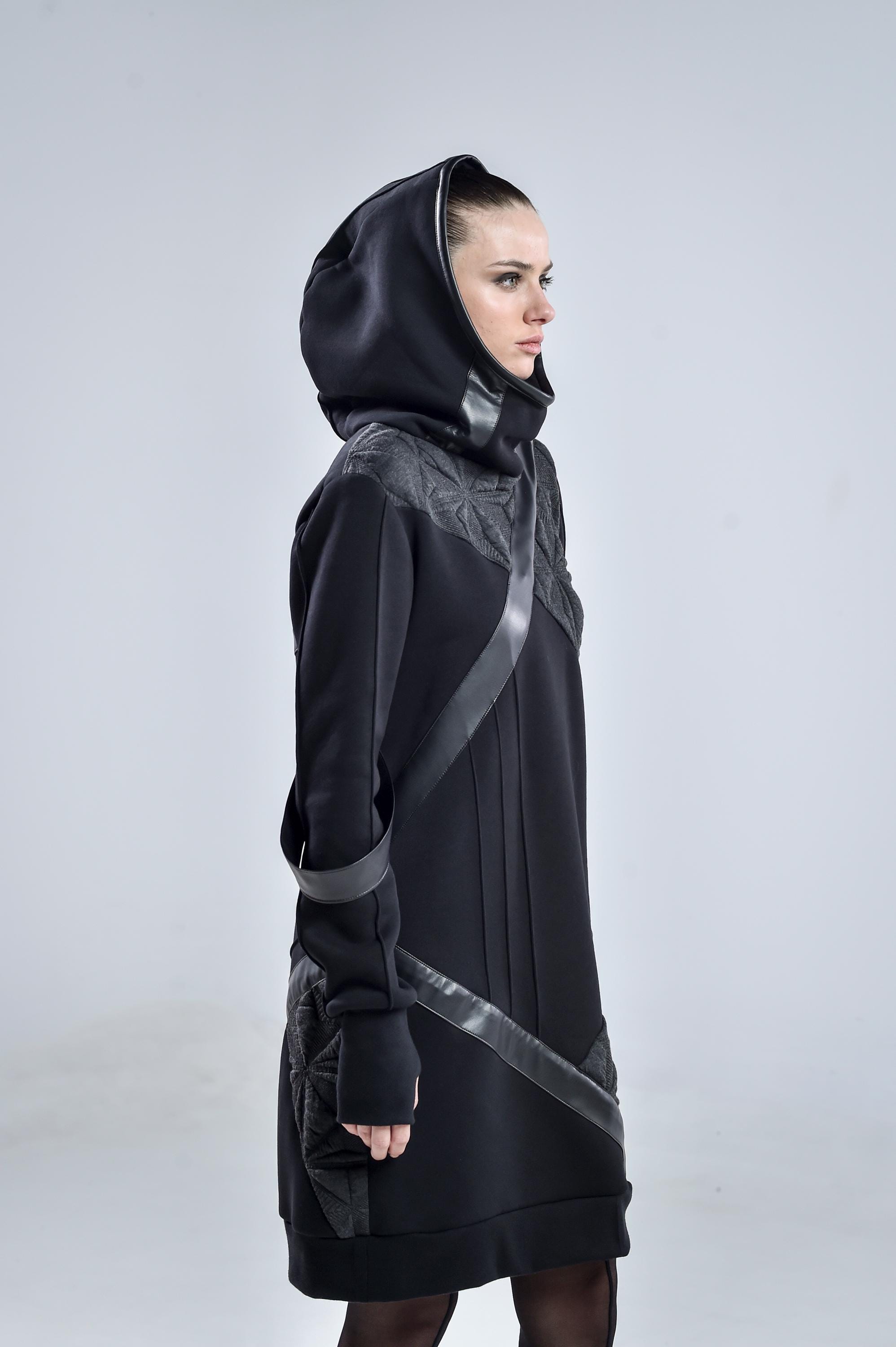 Anima Hoodie Dress: Women's Black Hoodie Dress | Long Hooded Dress