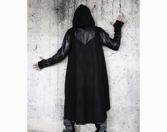 Nebulon Jacket: Avantgarde Long Jacket Men, Black Hooded Coat, Futuristic Streetwear Jacket