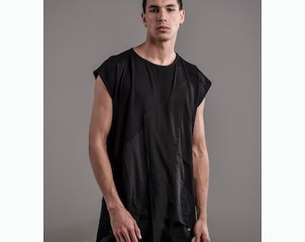Hazel Black Viscose Tank Top: Asymmetric Mesh, Urban Fashion
