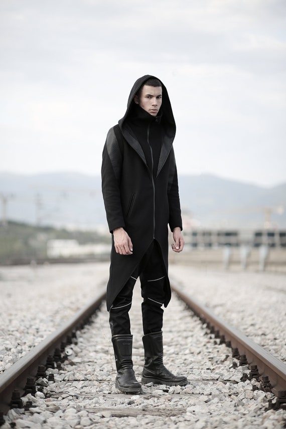 Gunther Black Wool Felt Coat: Futuristic Dystopian Hooded Coat