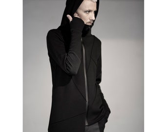 Fuzzion Hoodie (men hoodie-black hoodie-men clothing-street fashion-asymmetric hoodie-street fashion-avantgarde style-black clothing