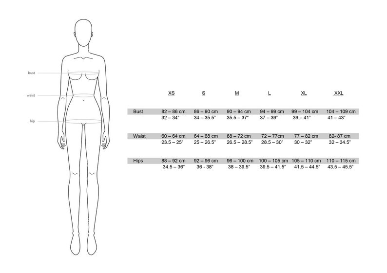 May include: A black and white size chart for clothing, featuring a stylized female figure with bust, waist, and hip measurements. The chart includes sizes XS to XXL, with measurements in both centimeters and inches.