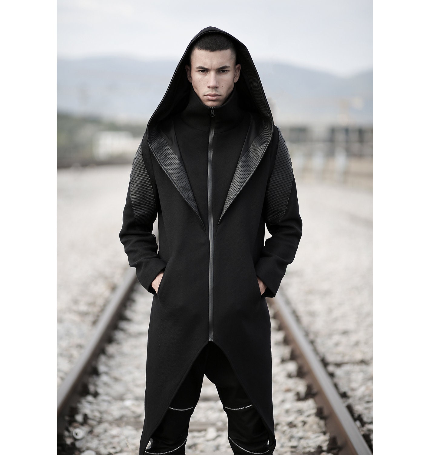 Gunther Black Wool Felt Coat: Futuristic Dystopian Hooded Coat