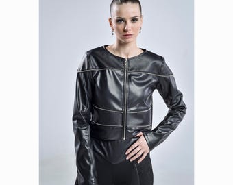 Noctis Jacket - Avant-Garde Faux Leather Crop Jacket - Cyberpunk Fashion