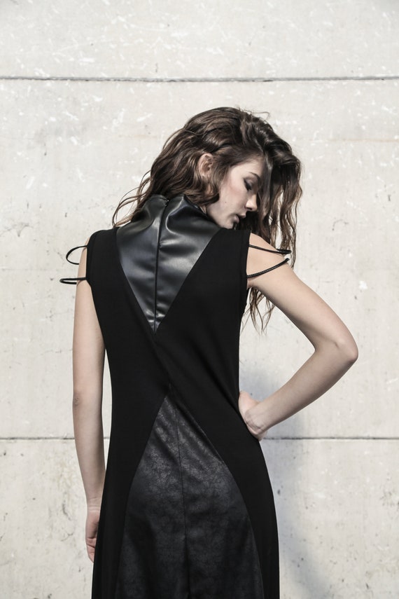 chinese dress ladies Black Faux Leather Scallop Detail Short Ruffle Sleeve Dress