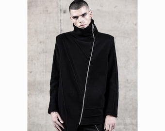 One Of Us - Avant-Garde Black Wool Jacket: Asymmetric Street Fashion