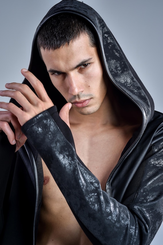 トップス rare FUGA Black Coated Draped Gilet Rupture Cardigan: Men's Black Long Cardigan | Asymmetric Hooded