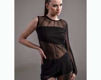 Reborn Blouse (women black tunic-mesh blouse-black clothing-unique tunic-dystopian-party wear-festival fashion-cyberpunk-futuristic clothing