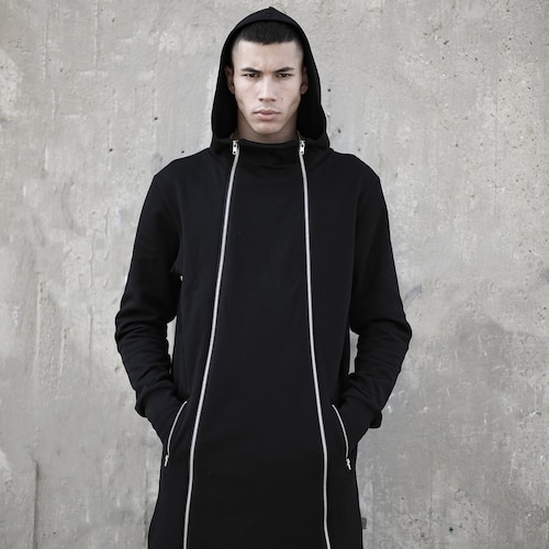 Nakoa Hoodie: Black Zipper Long Hoodie, Minimalist Streetwear, Futuristic Hooded Hooded Jacket