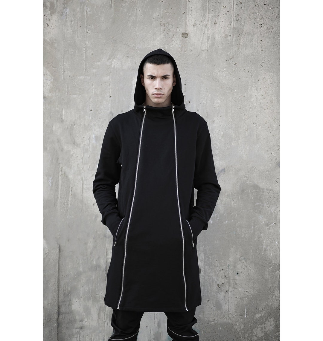 Nakoa Hoodie: Black Zipper Long Hoodie, Minimalist Streetwear