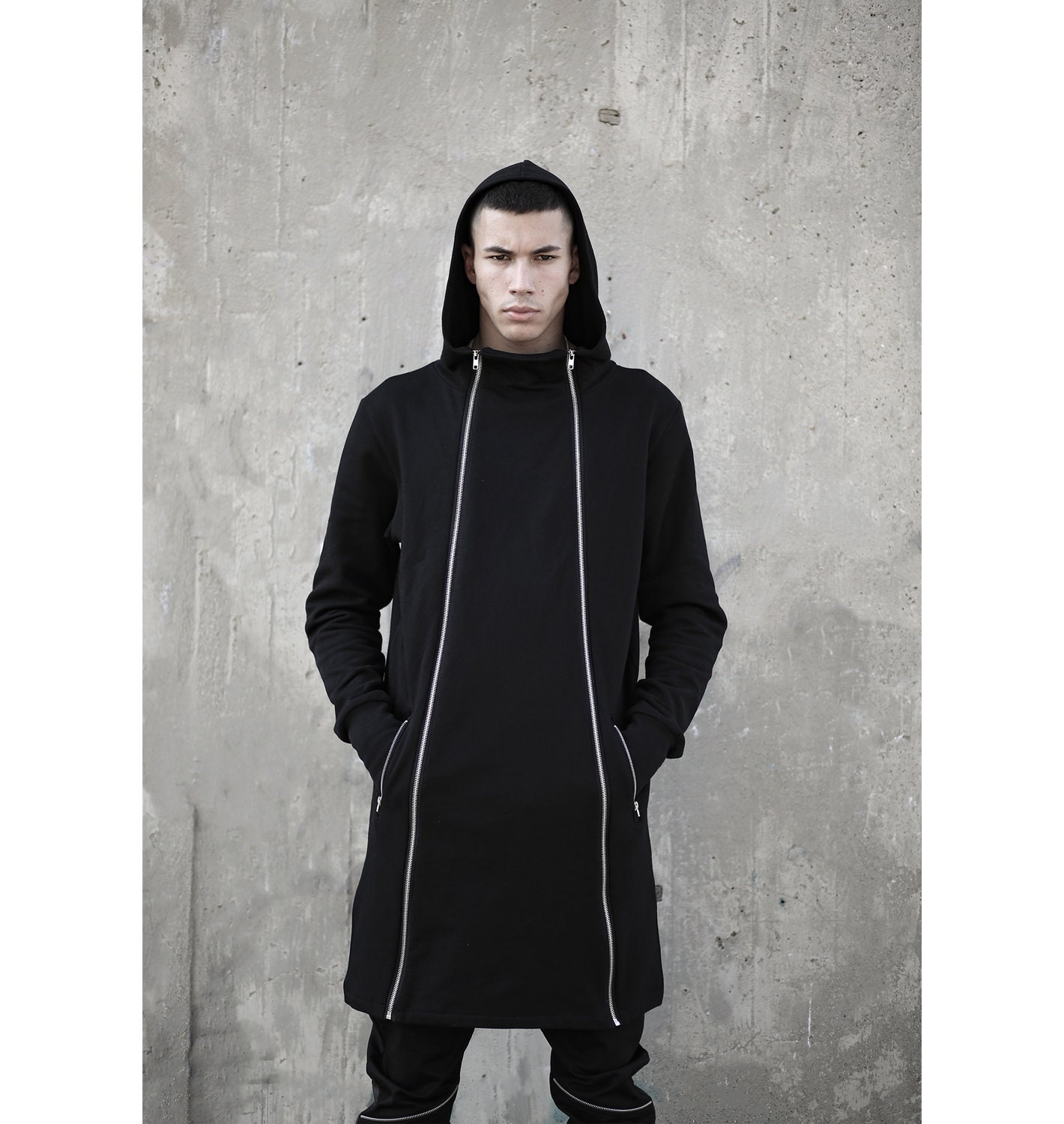 Nakoa Hoodie: Black Zipper Long Hoodie, Minimalist Streetwear