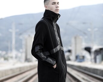 Black Wool Blend Coat: Men's Dystopian Avant-garde Outerwear