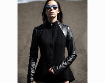 Worship Jacket: Black Wool Jacket Women, Avant Garde Felt Jacket, Fitted Black Coat, Futuristic Jacket
