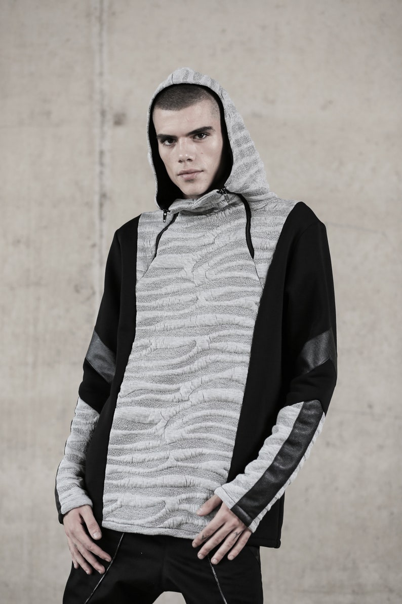 Dex Hoodie cyberpunk clothing-unique hoodie-street men fashion-futuristic clothing-festival fashion-gray hoodie-men's wear image 4