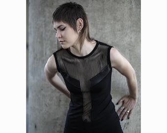 Exotix-top (volledig zwarte mode-zwarte damestop-mesh top-doorschijnende vrouwen tee-party mode-futuristische kleding-transparante top)