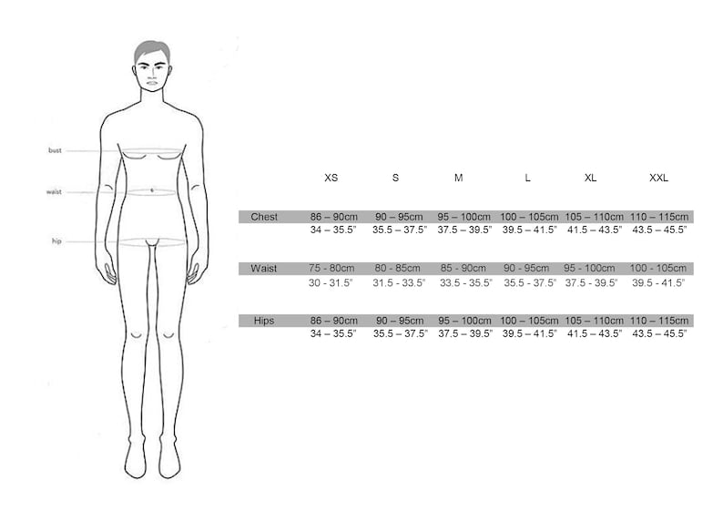 Puede incluir: Ilustraci&oacute;n en blanco de una persona con medidas de pecho, cintura y cadera. La tabla de tallas incluye XS a XXL con medidas en cm y pulgadas. La tabla proporciona tallas de pecho, cintura y cadera.