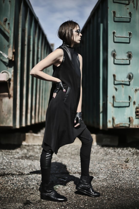 dress with leather panels Milennial Asymmetric Black Dress with Faux Leather Panels