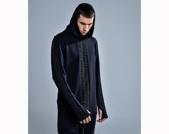 Hayden Asymmetric Black Top: Avant-Garde Dystopian Men's Fashion, Hooded Black Shirt