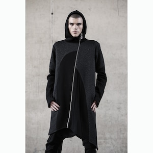 Singularity Jacket (men long jacket-black asymmetric jacket-futuristic clothing-avantgarde-cyberpunk-black fashion-street men fashion-unique