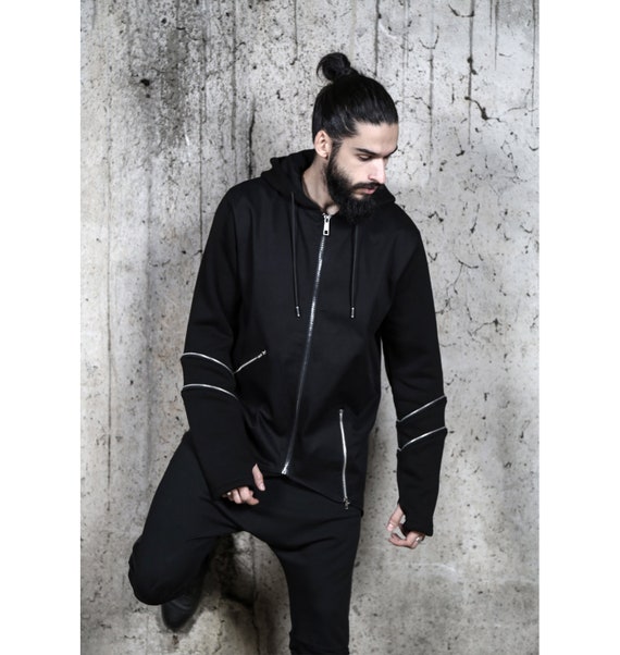 Hivers Jacket: Asymmetric Men's Streetwear Jacket, Zipper Black Jacket, Black Hooded Jacket Men