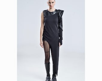 Cosmic Dust Tunic (asymmetric tunic-all black clothing-unique tunic-dystopian-unique top-cyberpunk-futuristic clothing-puffer sleeve)