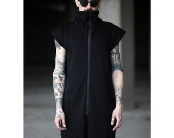 Code Black Vest (black men clothing-alternative clothing-avantgarde fashion-men street fashion-black long men jacket-futuristic-cyberpunk)
