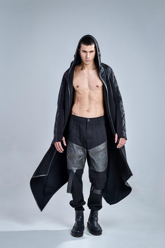 Rupture Cardigan: Men's Black Long Cardigan | Asymmetric Hooded