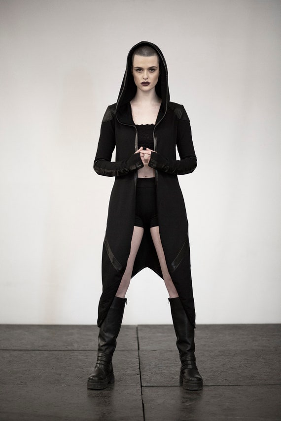 Dystopia Cardigan chaqueta mujer negra chaqueta capucha larga sudadera larga ropa mujer alternativa ropa burningman cyberpunk futurista Etsy Espana