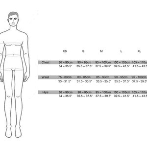 May include: A white illustration of a person with chest, waist, and hip measurements. Size chart includes XS to XXL, with chest measurements from 34 to 45.5 inches, waist from 30 to 41.5 inches, and hips from 34 to 45.5 inches.