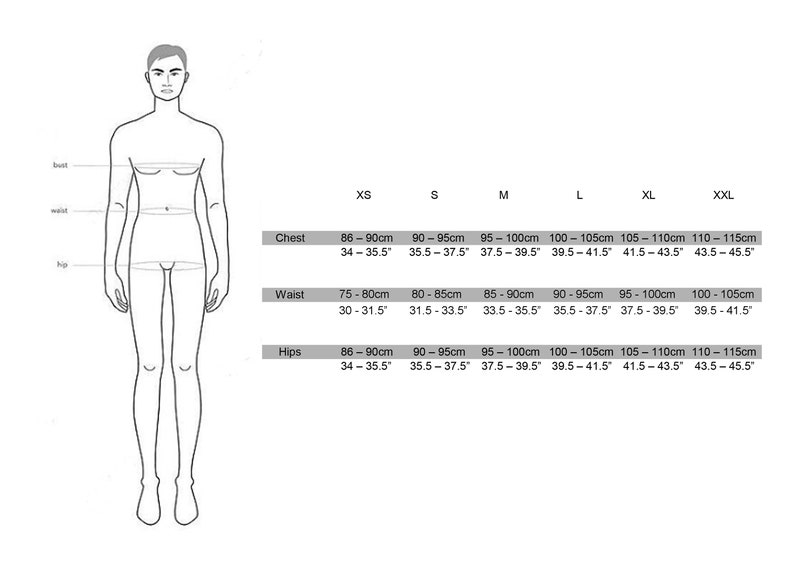 May include: A white illustration of a person with chest, waist, and hip measurements. Size chart includes XS to XXL, with chest measurements from 34 to 45.5 inches, waist from 30 to 41.5 inches, and hips from 34 to 45.5 inches.