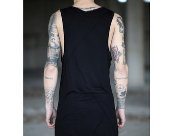 Noir Tank (man clothing-black man top-men tank tee-asymmetric top tank-party wear-long men tank-alternative clothing-avangarde fashion)
