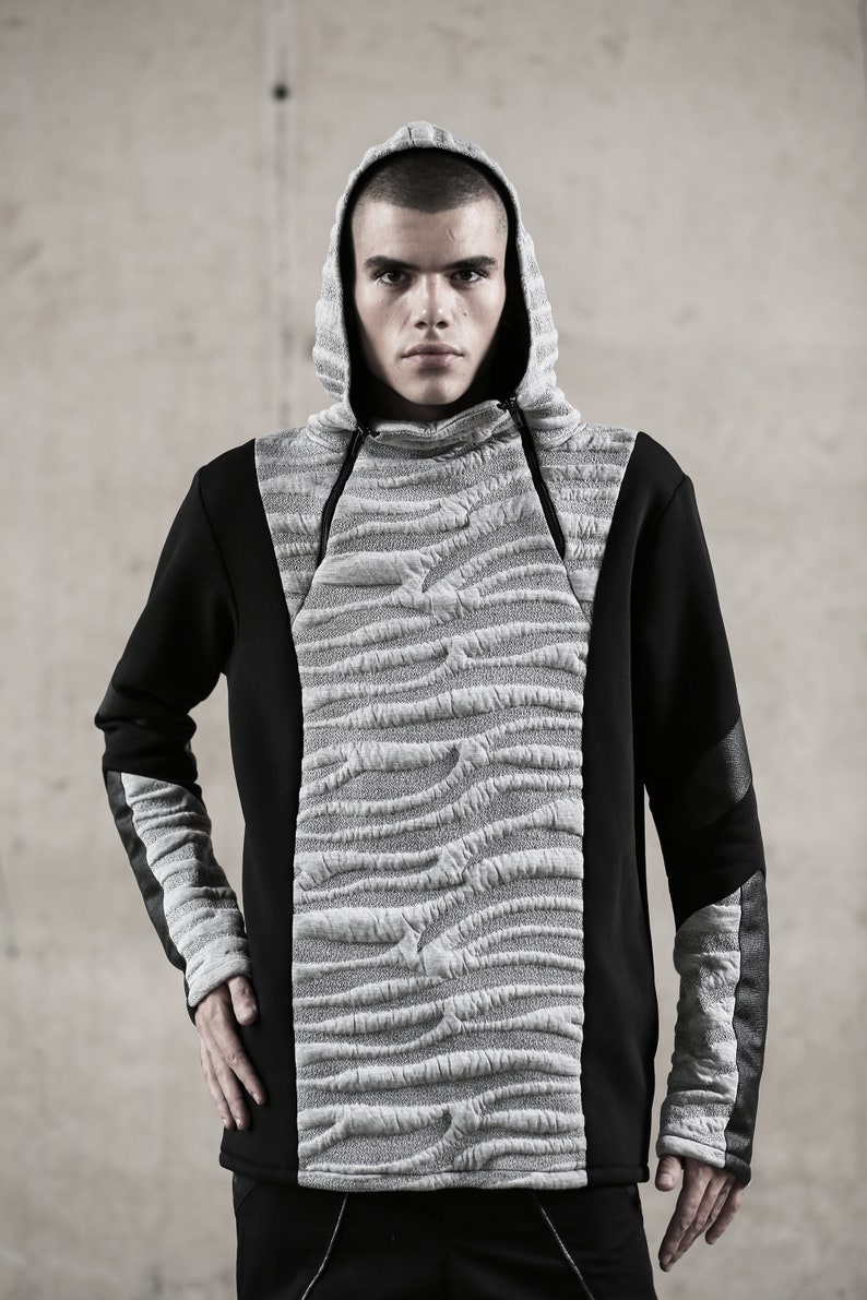 Dex Hoodie cyberpunk clothing-unique hoodie-street men fashion-futuristic clothing-festival fashion-gray hoodie-men's wear image 6