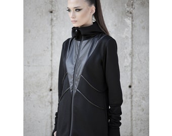 Chaqueta Kendra: Chaqueta negra de estilo vanguardista para mujer, ropa urbana futurista, estilo cyberpunk.