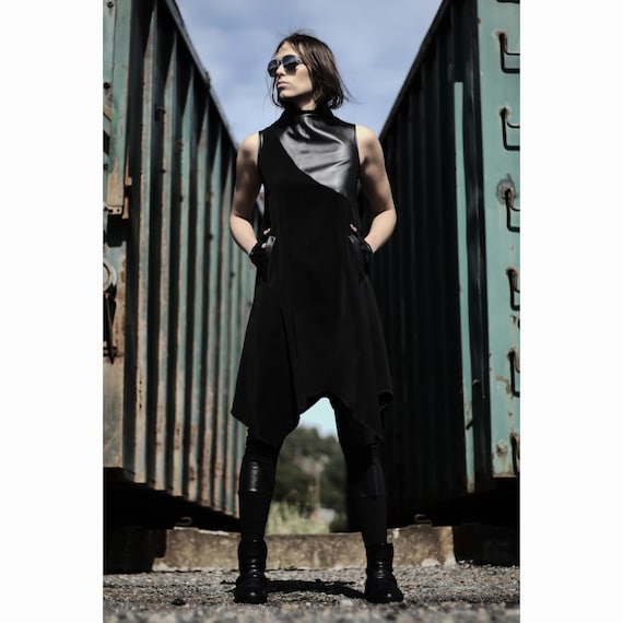 black dress with leather panels Milennial Asymmetric Faux emerald green ruffle dress