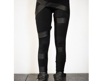 Drumcode Leggings: Black Faux Leather Leggings, Black Streetwear Women, Futuristic Fashion