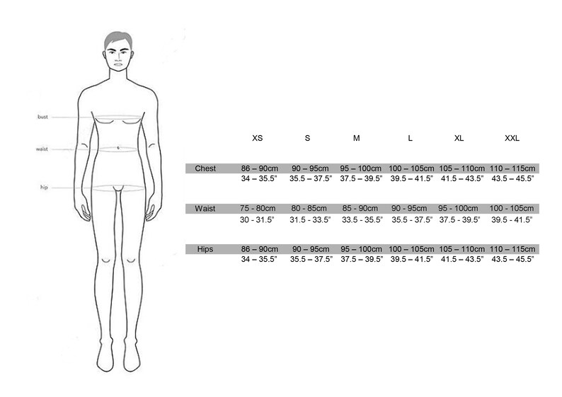May include: Size chart for clothing with measurements in inches and centimetres. The chart shows the chest, waist, and hip measurements for sizes XS, S, M, L, XL, and XXL.