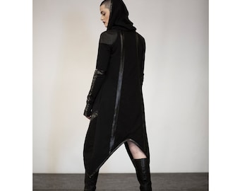 Dystopia Cardigan (woman black jacket-long hood jacket-long hoodie-alternative woman clothing-burningman clothing-cyberpunk-futuristic)