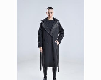 Black Matter Trench Coat: Women's Black Trench Coat | Long Structured Black Coat | Futuristic Fashion