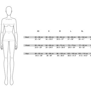 May include: A black and white size chart for clothing, featuring a stylized female figure with bust, waist, and hip measurements. The chart includes sizes XS to XXL, with measurements in both centimeters and inches.
