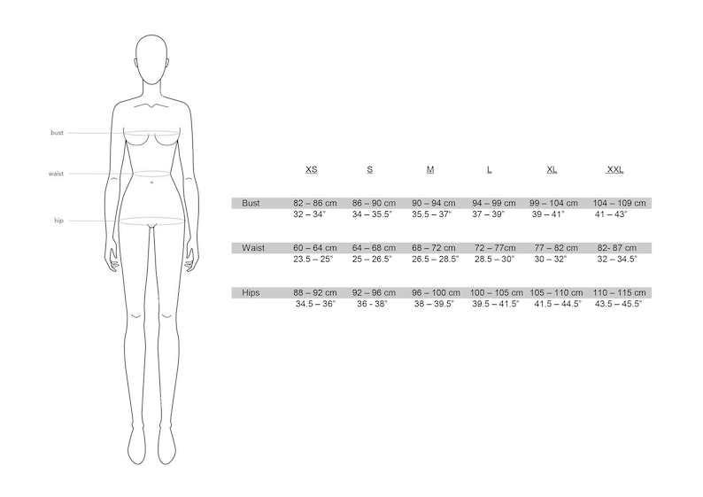 May include: A black and white size chart for clothing, featuring a stylized female figure with bust, waist, and hip measurements. The chart includes sizes XS to XXL, with measurements in both centimeters and inches.