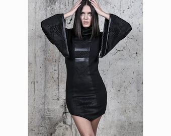 Masari Dress (Black Futuristic Asymmetric Dress, Avantgarde Women Clothing, Festival Dystopian Outfit, Statement Sleeve Dress)