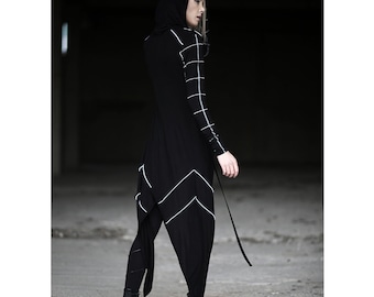 Robotek Cardigan: Black Asymmetric Long Cardigan, Lightweight Viscose Cardigan, Festival Clothing