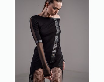 Elara Tunic (asymmetric women tunic-futuristic fashion-cyberpunk-street fashion women-dystopian-unique women clothing-black fashion)