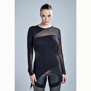 Rei Blouse (women black tunic-mesh blouse-black clothing-unique tunic-dystopian-black unique blouse-cyberpunk-futuristic clothing-avantgarde