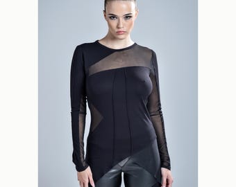 Rei Blouse (women black tunic-mesh blouse-black clothing-unique tunic-dystopian-black unique blouse-cyberpunk-futuristic clothing-avantgarde