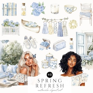Clipart aquarelle Spring Refresh, png hortensia, illustration aquarelle florale, lot numérique, autocollants pour agenda, cottagecore