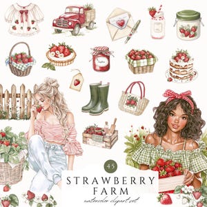 Erdbeer Farm Aquarell Clipart, digitales Png, Aquarell Illustration, rot, grün, digitales Bundle, Planer Aufkleber, Sommer