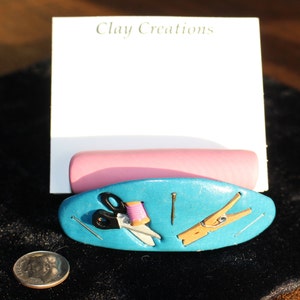 Custom-made Business Card Holder, sculpted polymer clay decor, ooak gift, accountant, storefront, desktop decor, personal, sewing