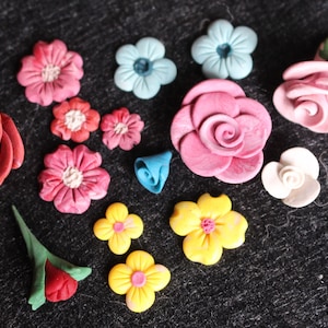 2 or 6 Sculpted Polymer Clay Flowers- 2 med or lg; 6 sm, crafting supplies, tiny flowers, kids art supplies mosaic and collage pieces, drops